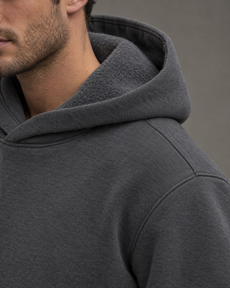 Graphite heavyweight hoodie with the brushed hood lining folded back